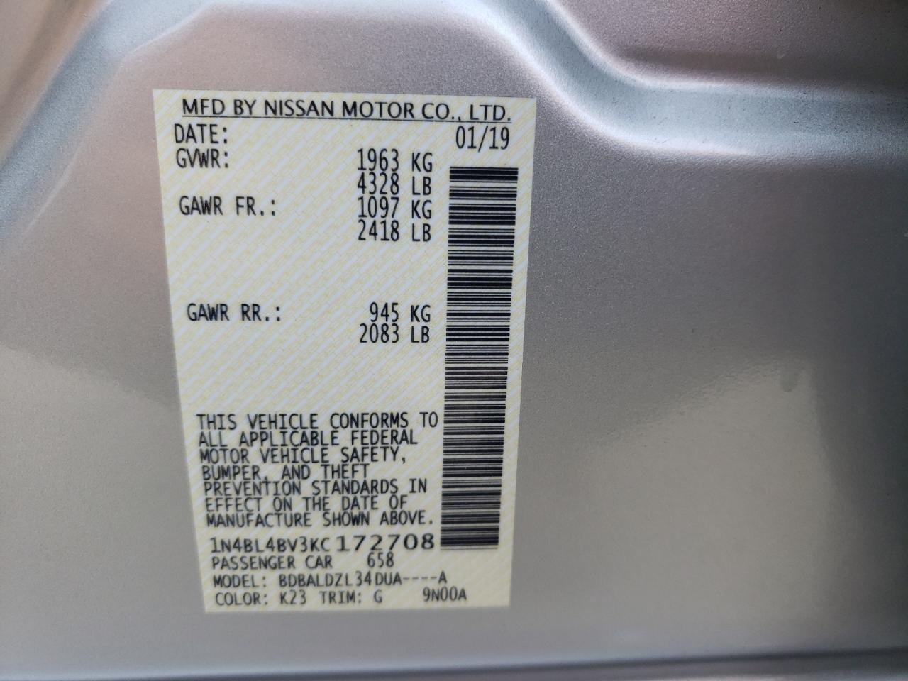 Photo 10 from auction – 2019 NISSAN ALTIMA S with VIN 1N4BL4BV3KC172708
