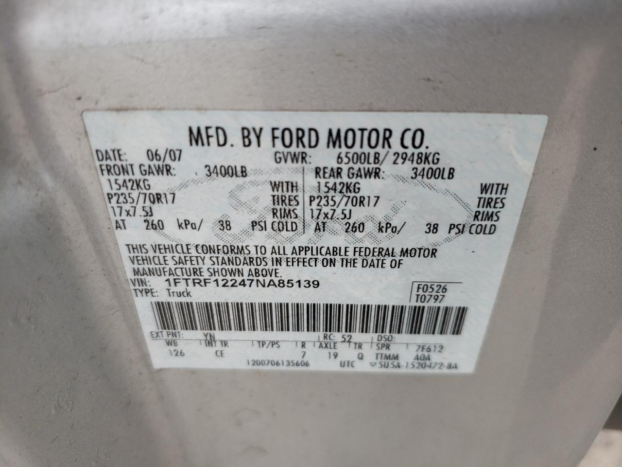 Photo 10 from auction – 2007 FORD F150 with VIN 1FTRF12247NA85139