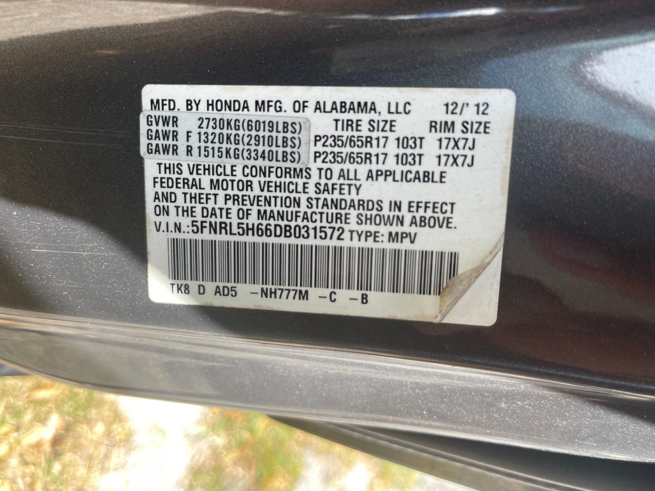 Photo 10 from auction – 2013 HONDA ODYSSEY EX with VIN 5FNRL5H66DB031572