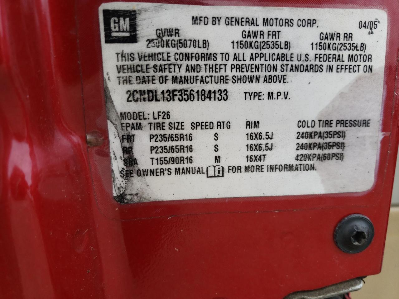 Photo 10 from auction – 2005 CHEVROLET EQUINOX LS with VIN 2CNDL13F356184133