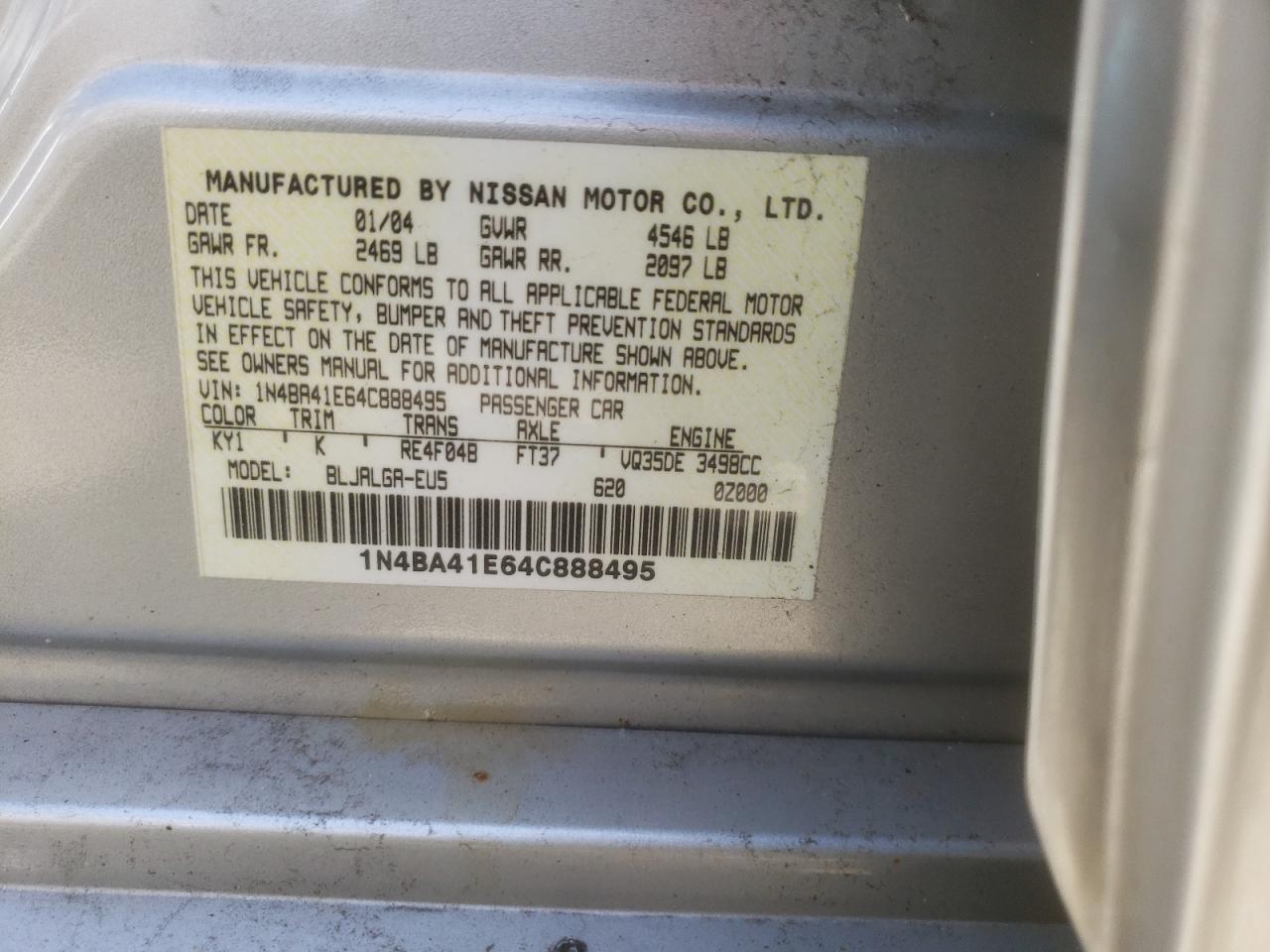Photo 10 from auction – 2004 NISSAN MAXIMA with VIN 1N4BA41E64C888495