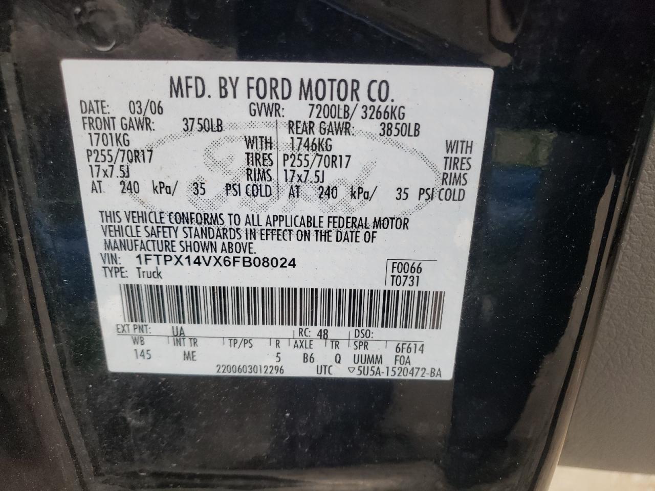 Photo 10 from auction – 2006 FORD F150 with VIN 1FTPX14VX6FB08024