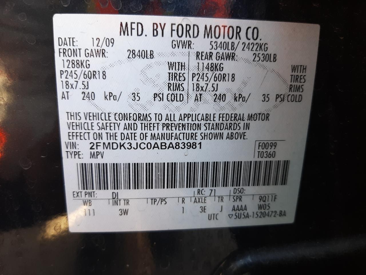 Photo 10 from auction – 2010 FORD EDGE SEL with VIN 2FMDK3JC0ABA83981