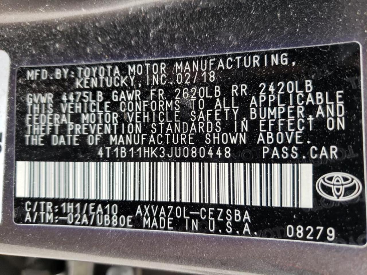 Photo 10 from auction – 2018 TOYOTA CAMRY L with VIN 4T1B11HK3JU080448
