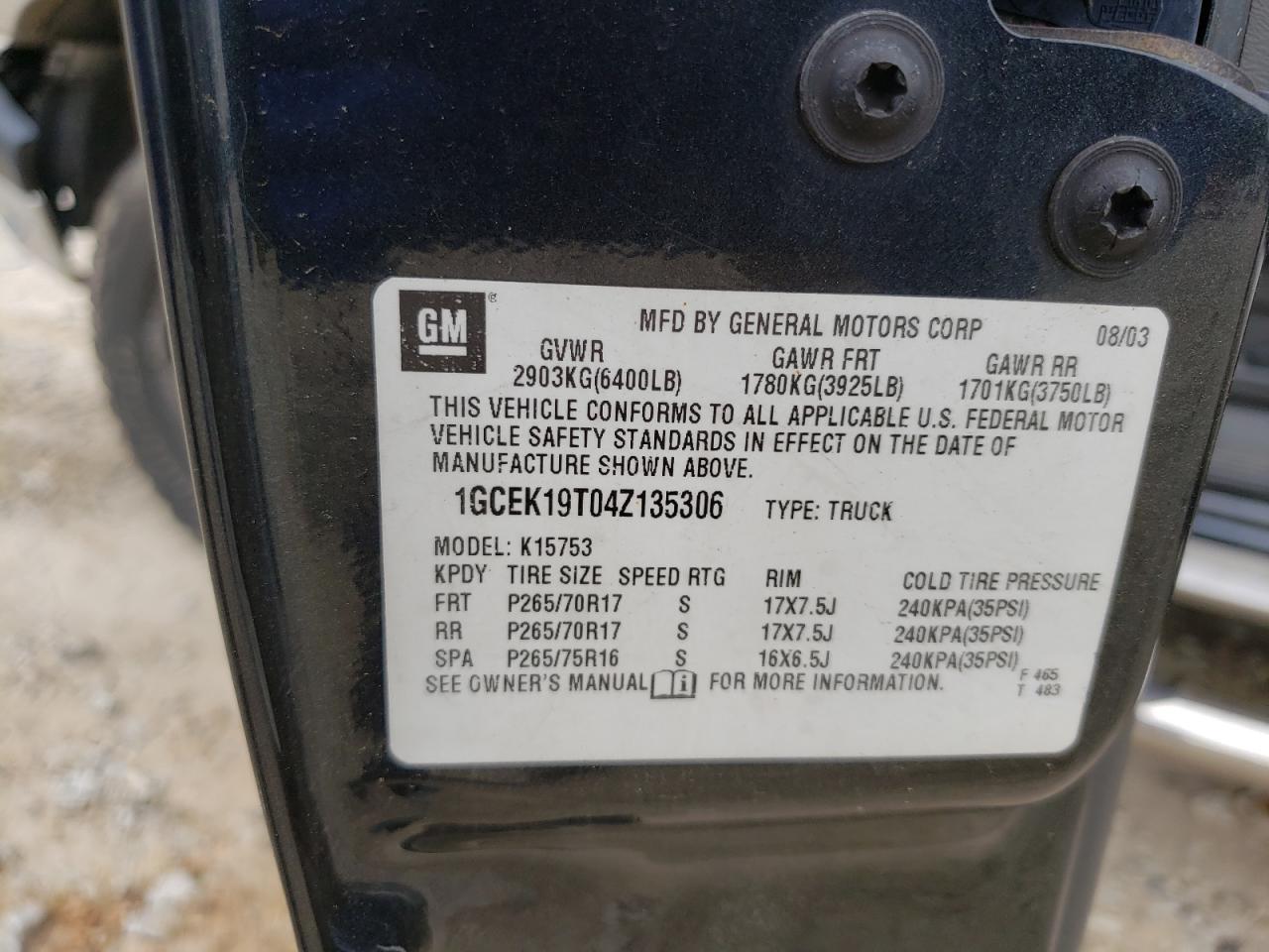 Photo 10 from auction – 2004 CHEVROLET 1500 with VIN 1GCEK19T04Z135306