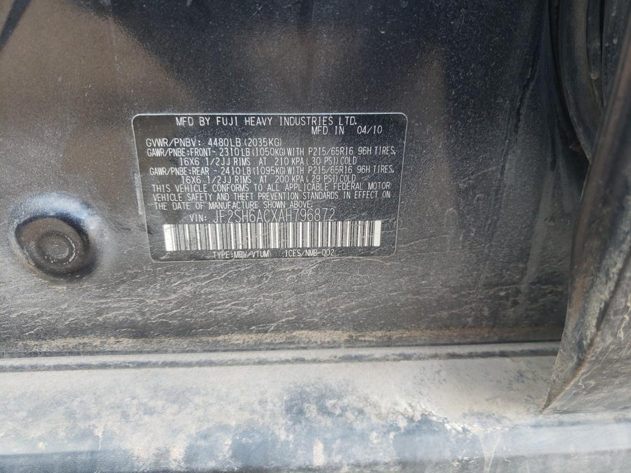 Photo 10 from auction – 2010 SUBARU FORESTER 2 with VIN JF2SH6ACXAH796872