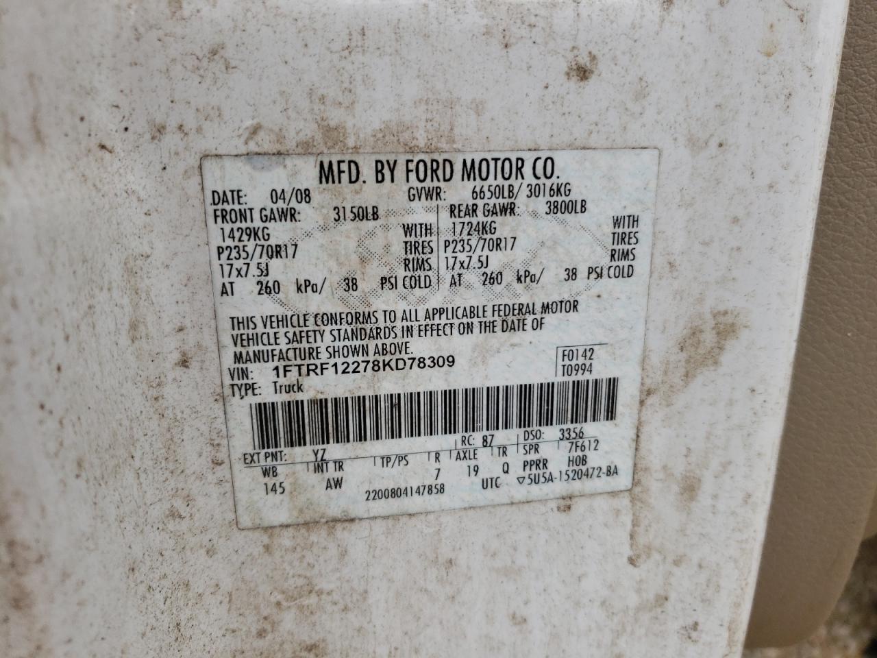 Photo 10 from auction – 2008 FORD F150 with VIN 1FTRF12278KD78309