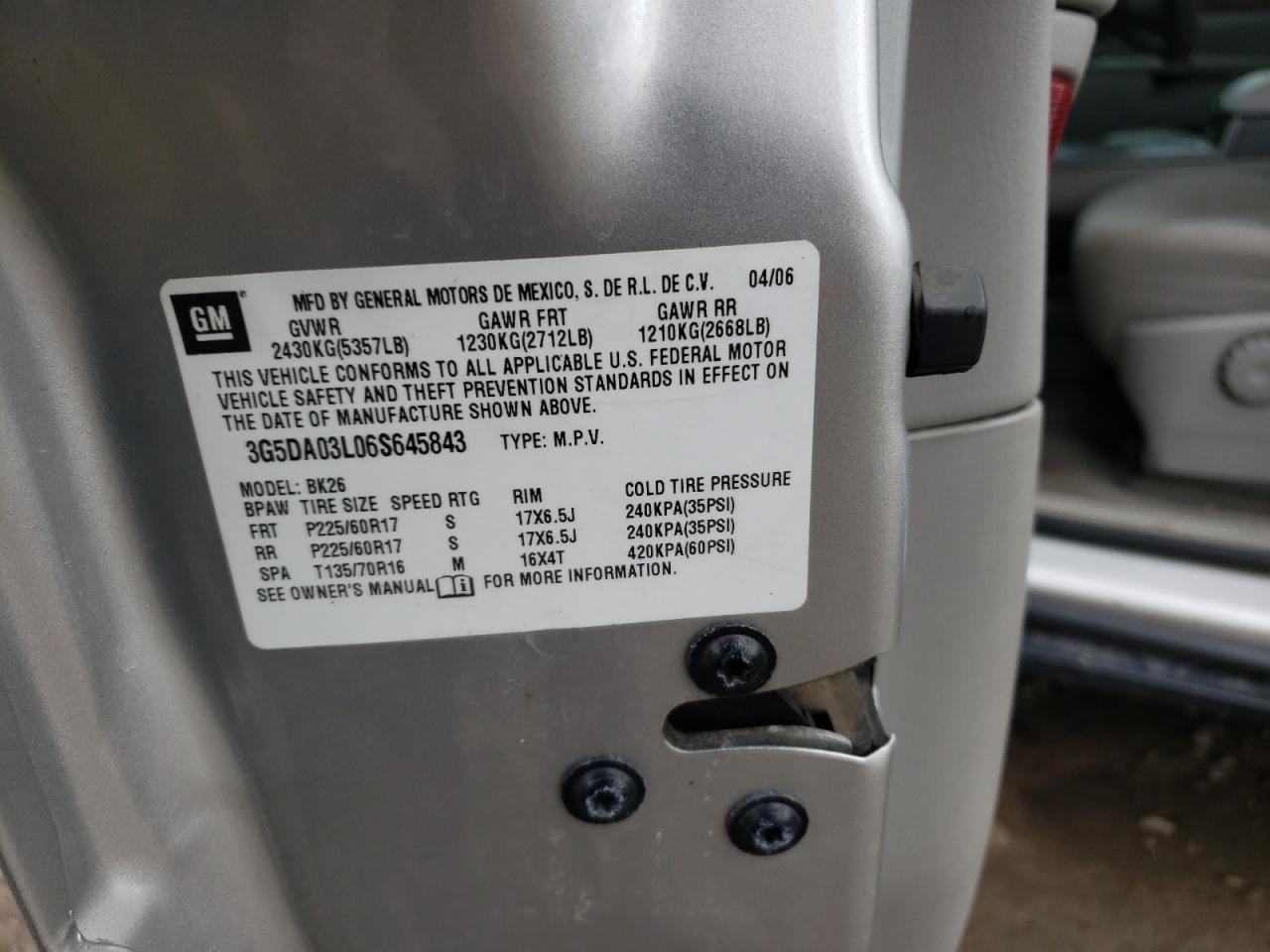 Photo 10 from auction – 2006 BUICK RENDEZVOUS with VIN 3G5DA03L06S645843