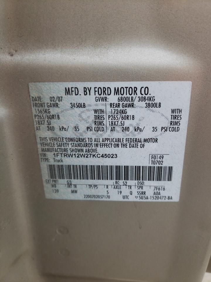 Photo 10 from auction – 2007 FORD F150 SUPER with VIN 1FTRW12W27KC45023