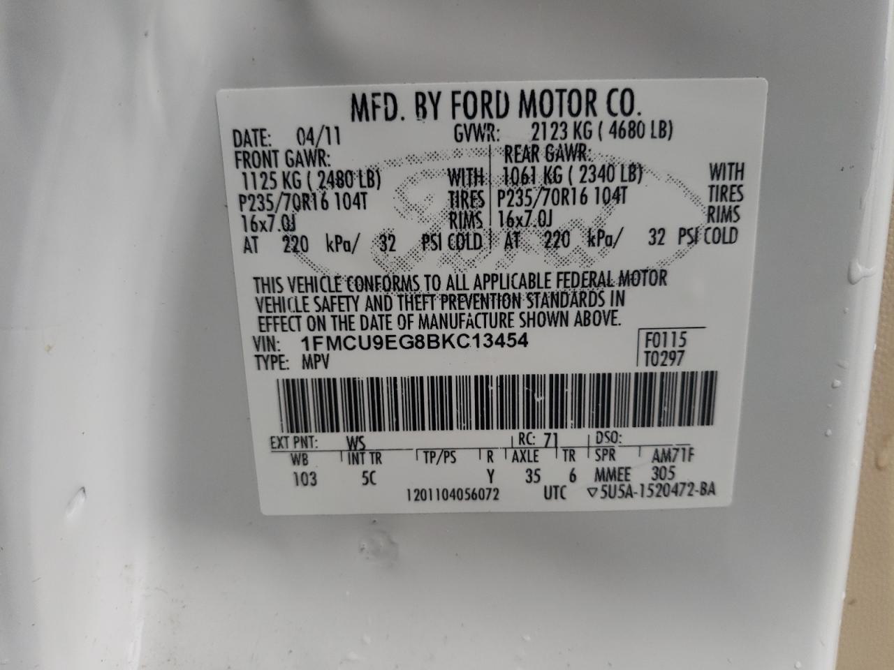 Photo 10 from auction – 2011 FORD ESCAPE LIM with VIN 1FMCU9EG8BKC13454