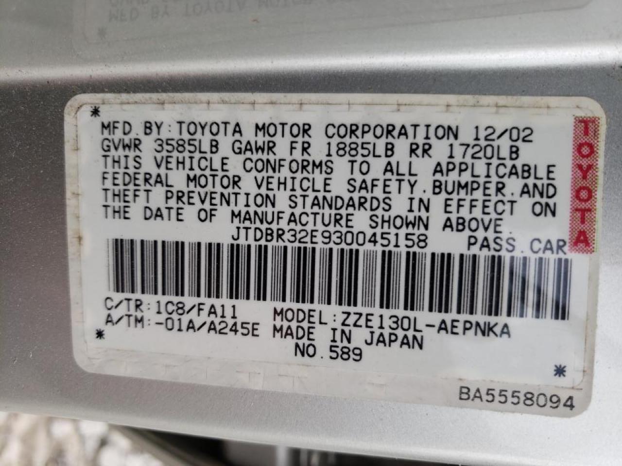 Photo 10 from auction – 2003 TOYOTA COROLLA LE with VIN JTDBR32E930045158