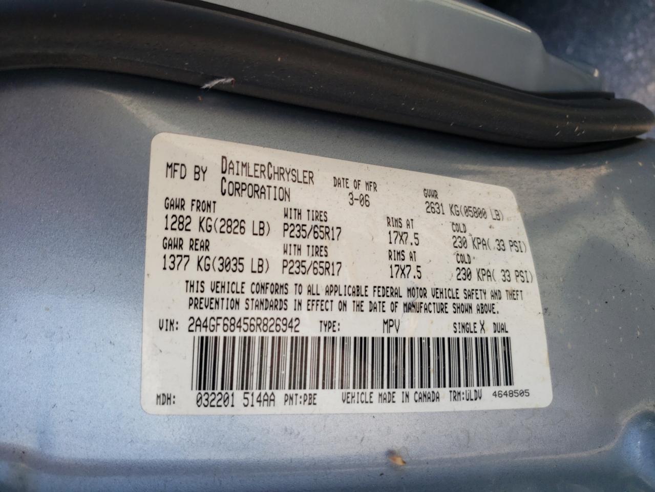 Foto 10 de la subasta – 2006 CHRYSLER PACIFICA T con VIN 2A4GF68456R826942