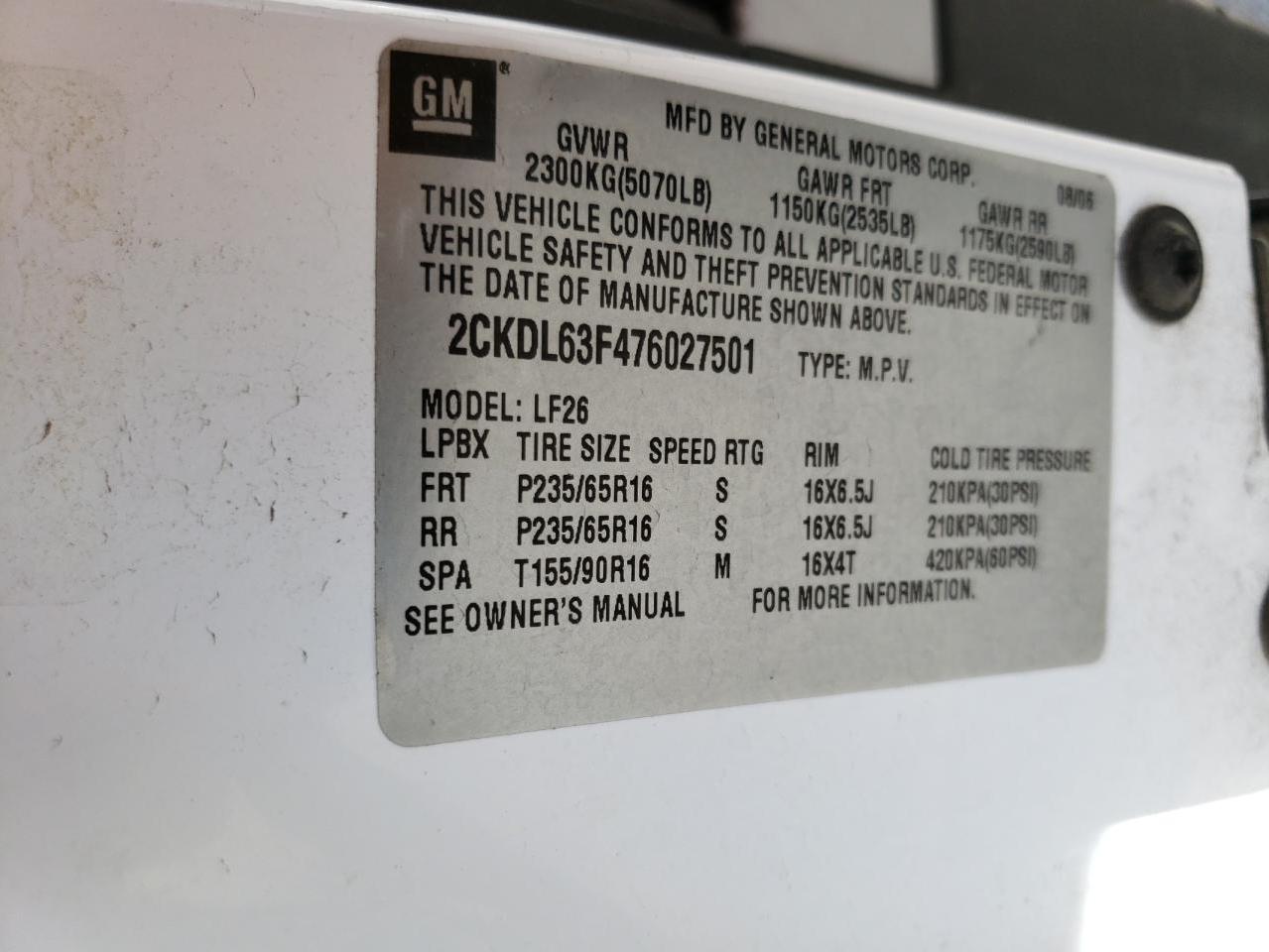 Photo 10 from auction – 2007 PONTIAC TORRENT with VIN 2CKDL63F476027501