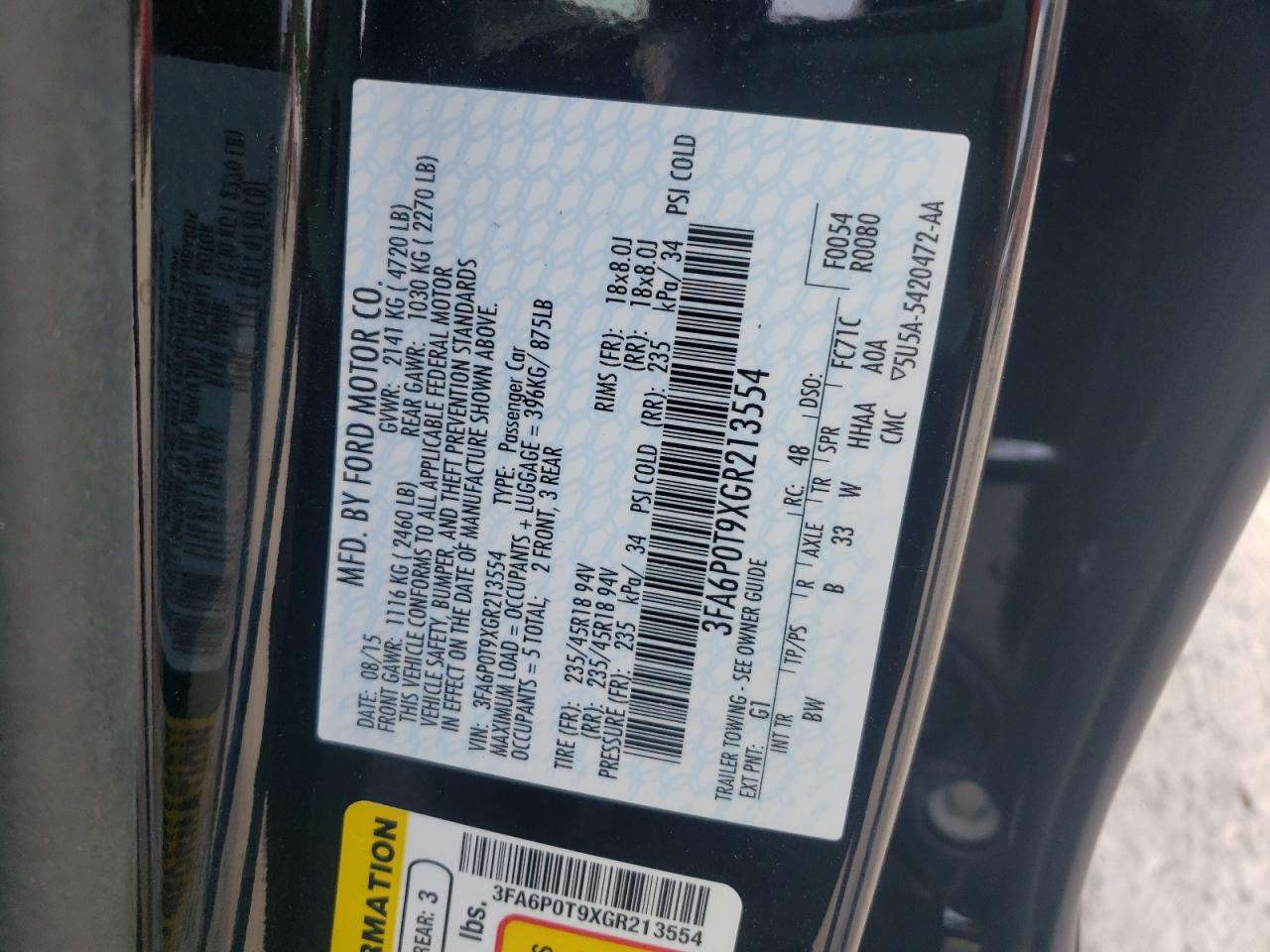 Photo 10 from auction – 2016 FORD FUSION SE with VIN 3FA6P0T9XGR213554