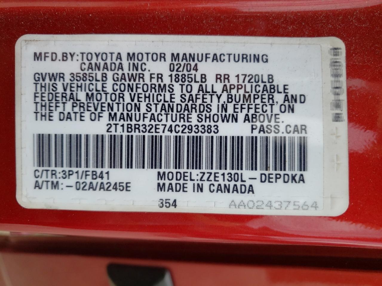 Photo 10 from auction – 2004 TOYOTA COROLLA with VIN 2T1BR32E74C293383