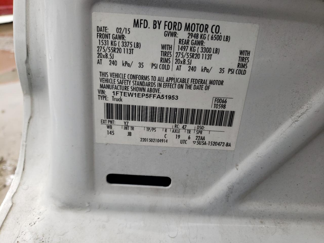 Photo 10 from auction – 2015 FORD F150 SUPER with VIN 1FTEW1EP5FFA51953