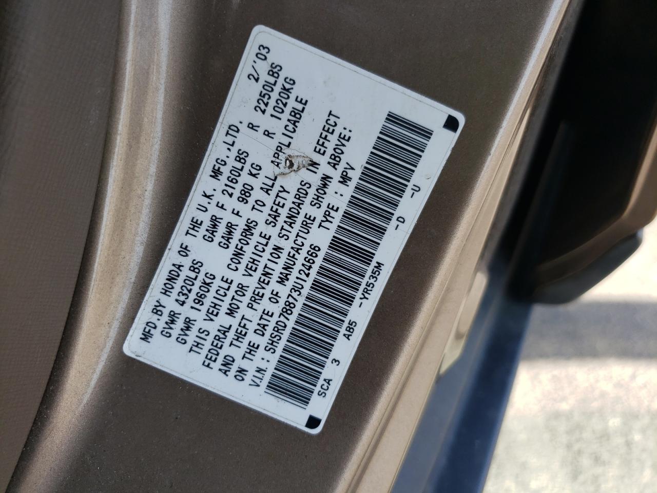 Photo 10 from auction – 2003 HONDA CR-V EX with VIN SHSRD78873U124666