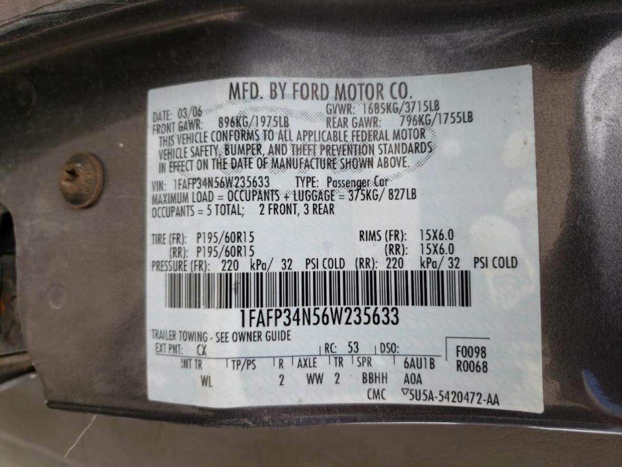 Photo 10 from auction – 2006 FORD FOCUS ZX4 with VIN 1FAFP34N56W235633