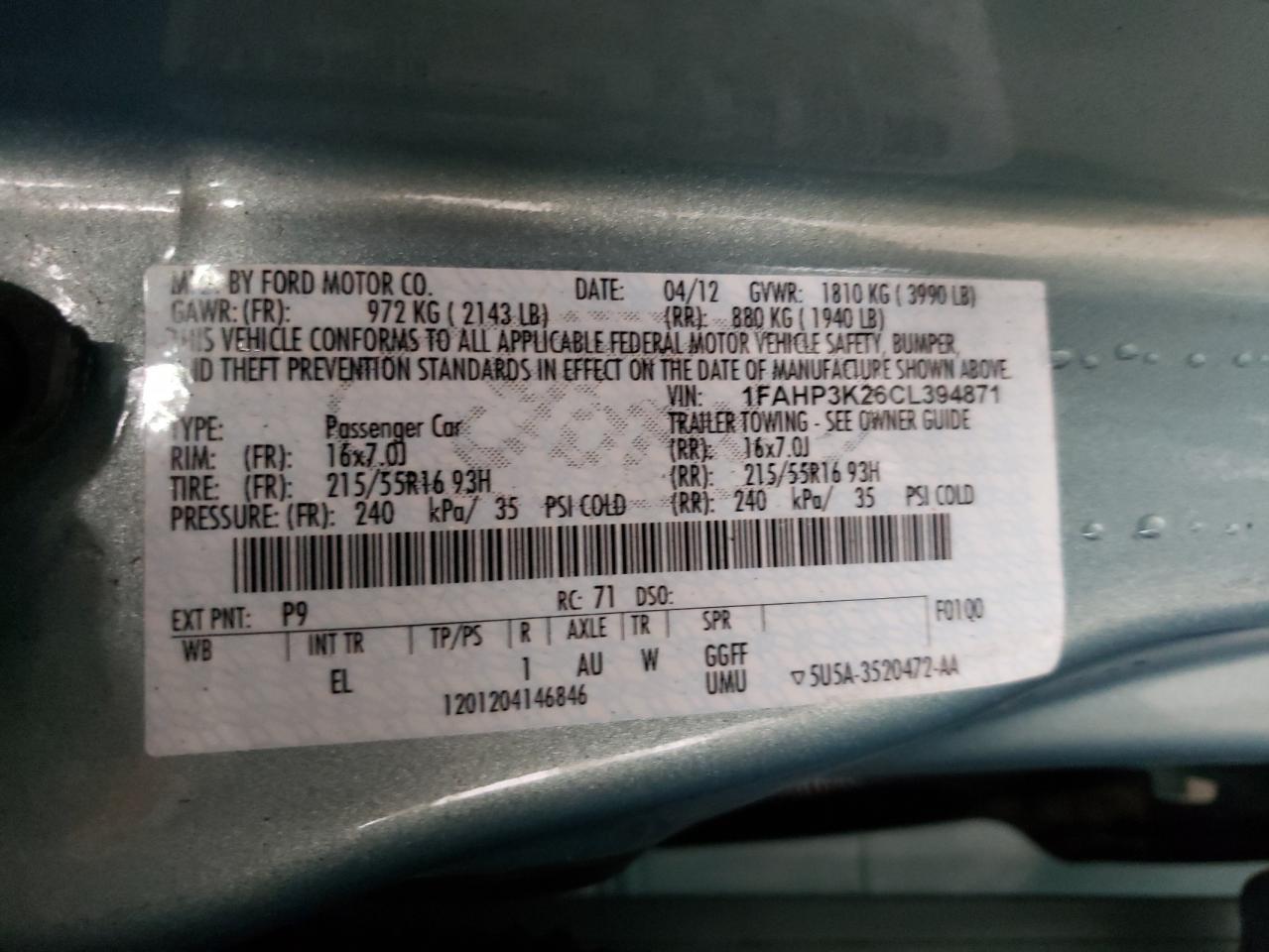 Photo 10 from auction – 2012 FORD FOCUS SE with VIN 1FAHP3K26CL394871