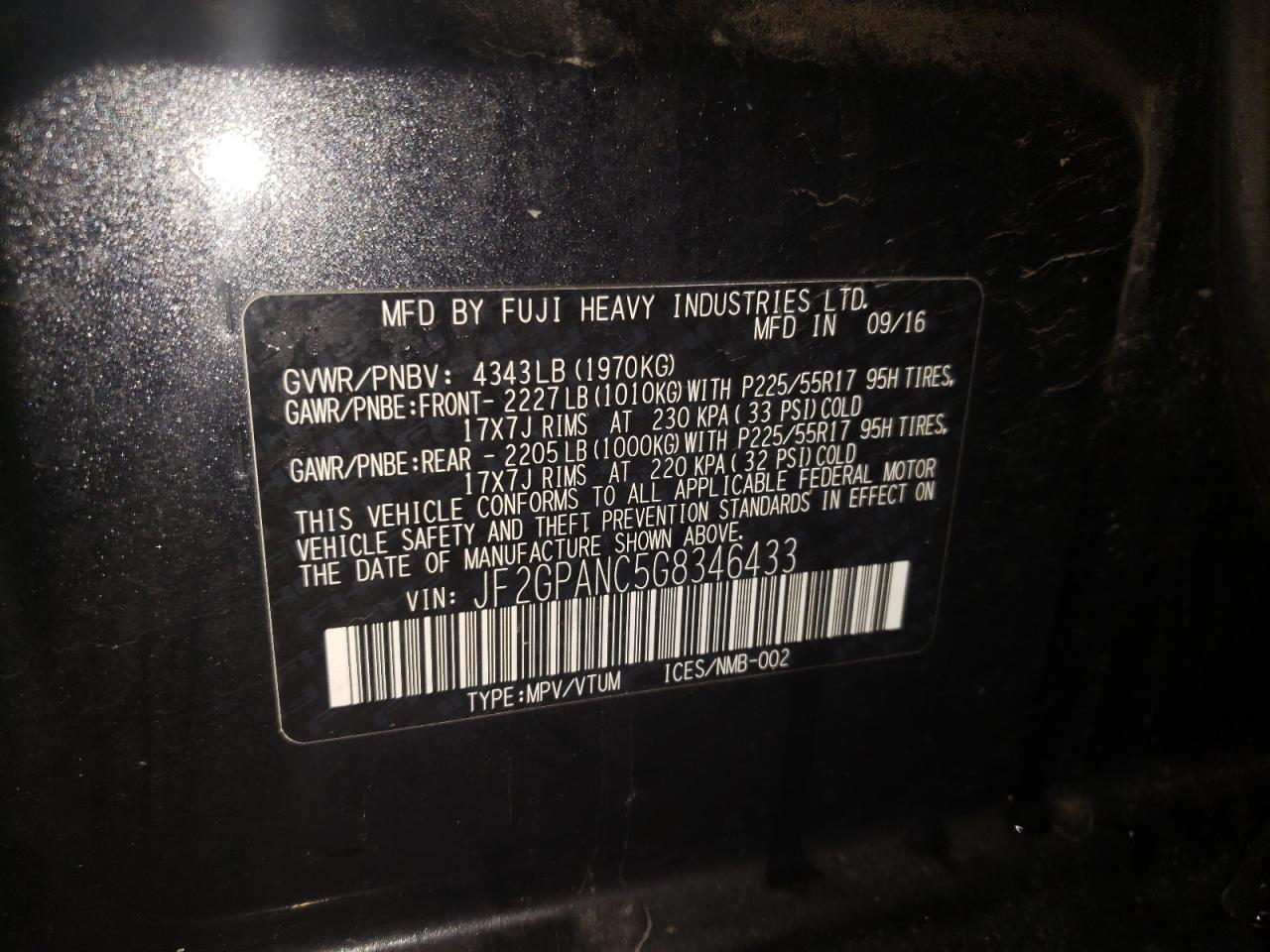 Photo 10 from auction – 2016 SUBARU CROSSTREK with VIN JF2GPANC5G8346433