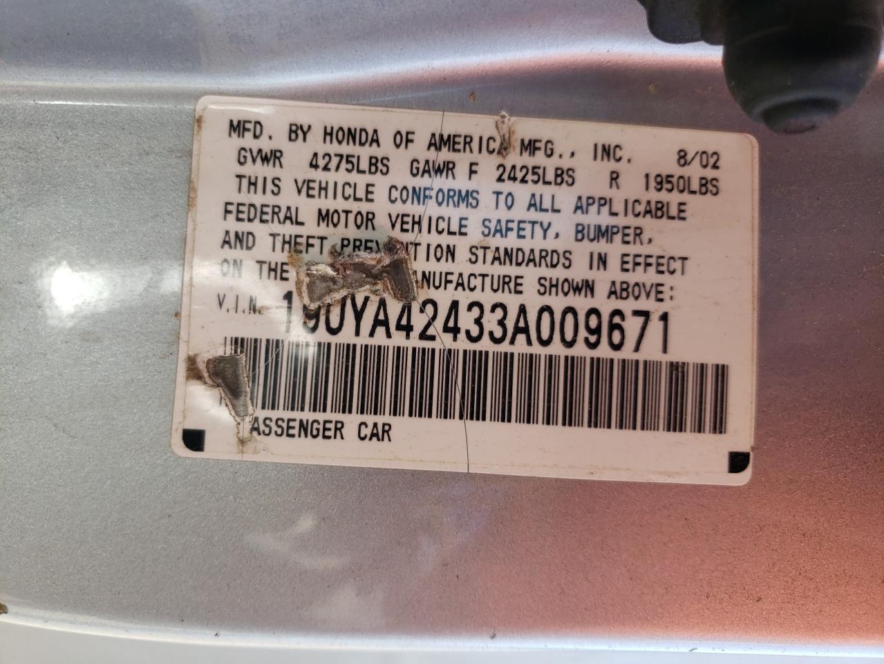Photo 10 from auction – 2003 ACURA 3.2CL with VIN 19UYA42433A009671