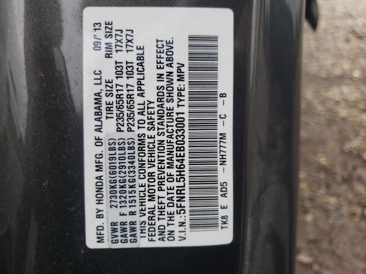 Photo 10 from auction – 2014 HONDA ODYSSEY EX with VIN 5FNRL5H64EB033001