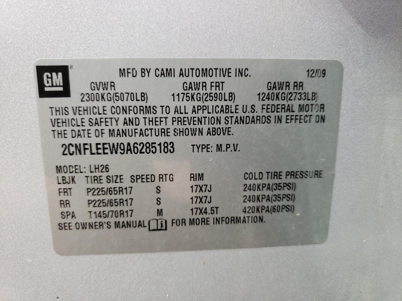 Photo 10 from auction – 2010 CHEVROLET EQUINOX LT with VIN 2CNFLEEW9A6285183