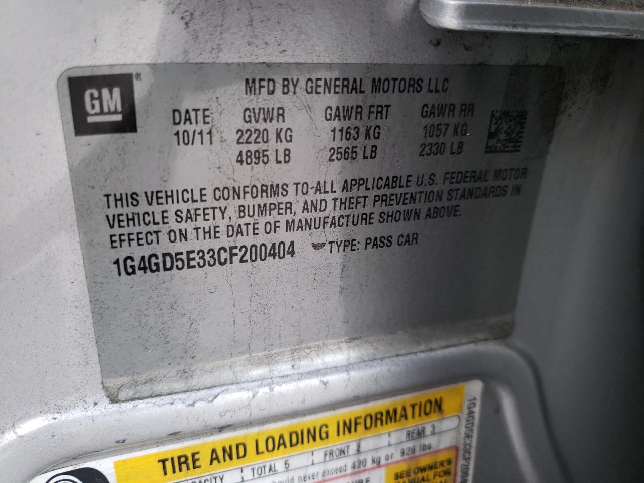 Photo 10 from auction – 2012 BUICK LACROSSE P with VIN 1G4GD5E33CF200404