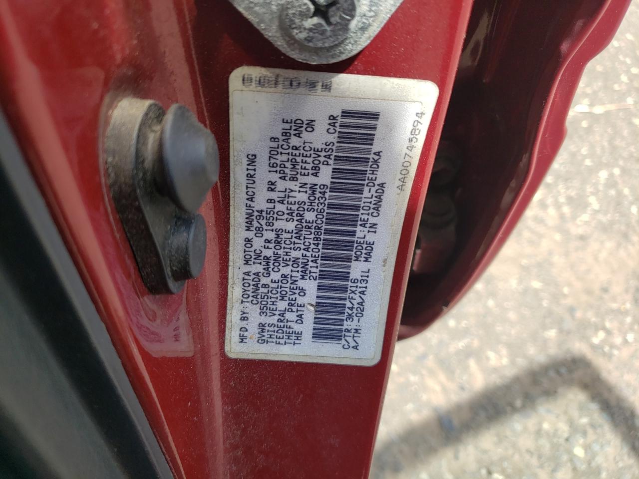 Photo 10 from auction – 1994 TOYOTA COROLLA with VIN 2T1AE04B8RC063349
