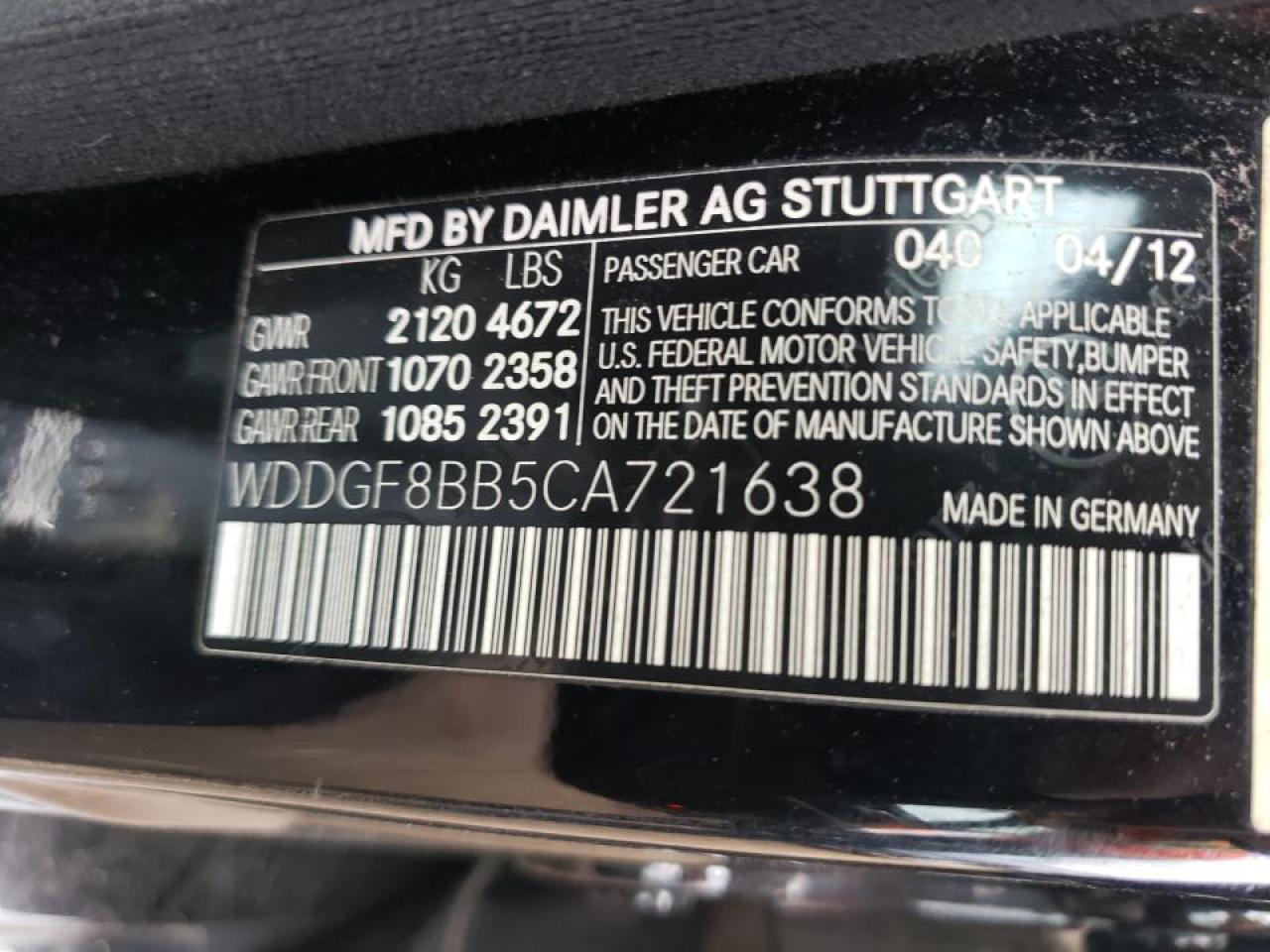 Photo 10 from auction – 2012 MERCEDES-BENZ C300 with VIN WDDGF8BB5CA721638