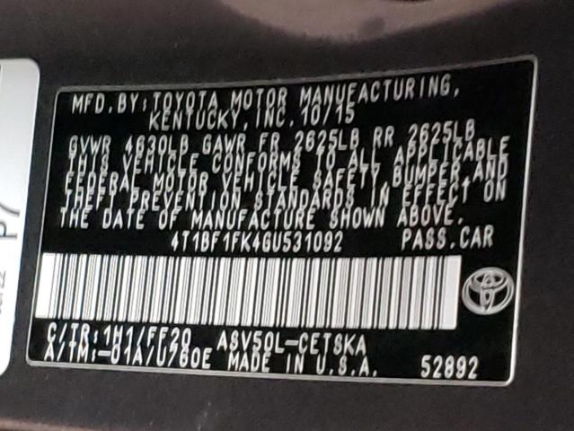 Photo 10 from auction – 2016 TOYOTA CAMRY LE with VIN 4T1BF1FK4GU531092