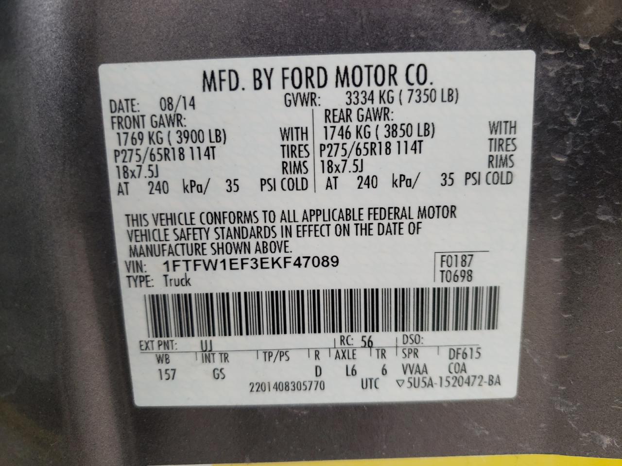Photo 10 from auction – 2014 FORD F150 SUPER with VIN 1FTFW1EF3EKF47089