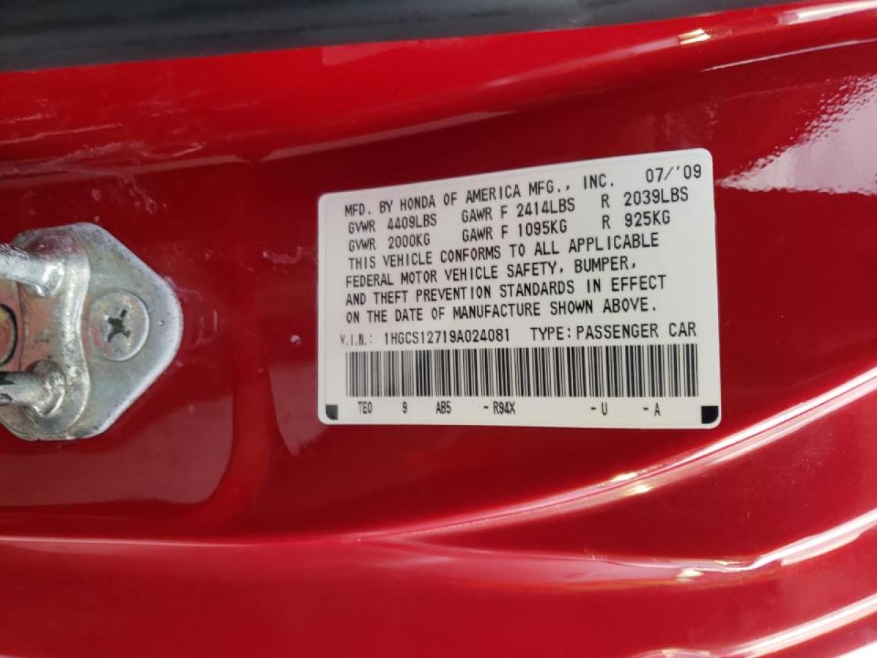 Photo 10 from auction – 2009 HONDA ACCORD EX with VIN 1HGCS12719A024081