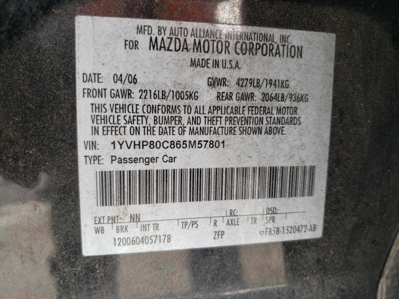 Photo 10 from auction – 2006 MAZDA 6 I with VIN 1YVHP80C865M57801