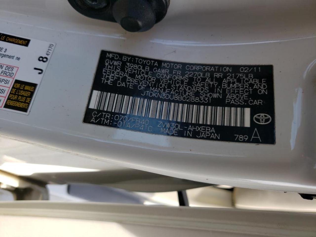 Photo 10 from auction – 2011 TOYOTA PRIUS with VIN JTDKN3DU8B0288331