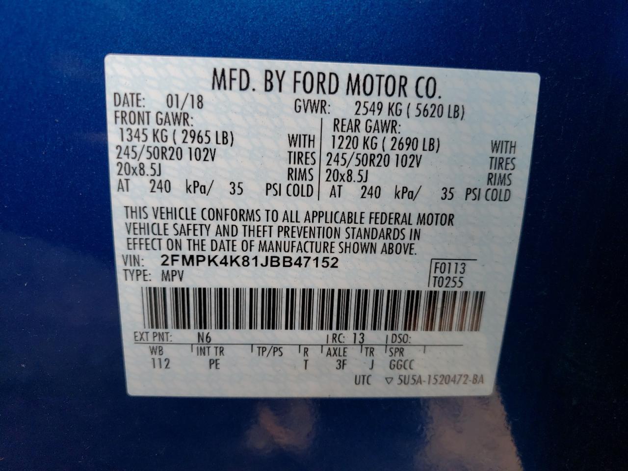 Photo 10 from auction – 2018 FORD EDGE TITAN with VIN 2FMPK4K81JBB47152