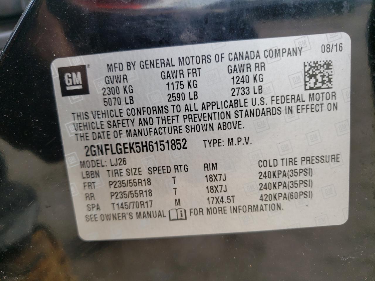Photo 10 from auction – 2017 CHEVROLET EQUINOX PR with VIN 2GNFLGEK5H6151852