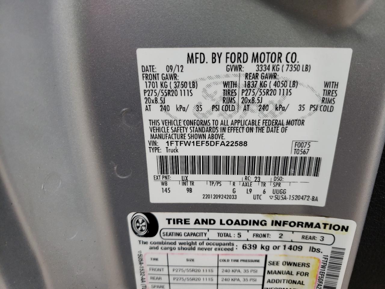 Photo 10 from auction – 2013 FORD F150 SUPER with VIN 1FTFW1EF5DFA22588