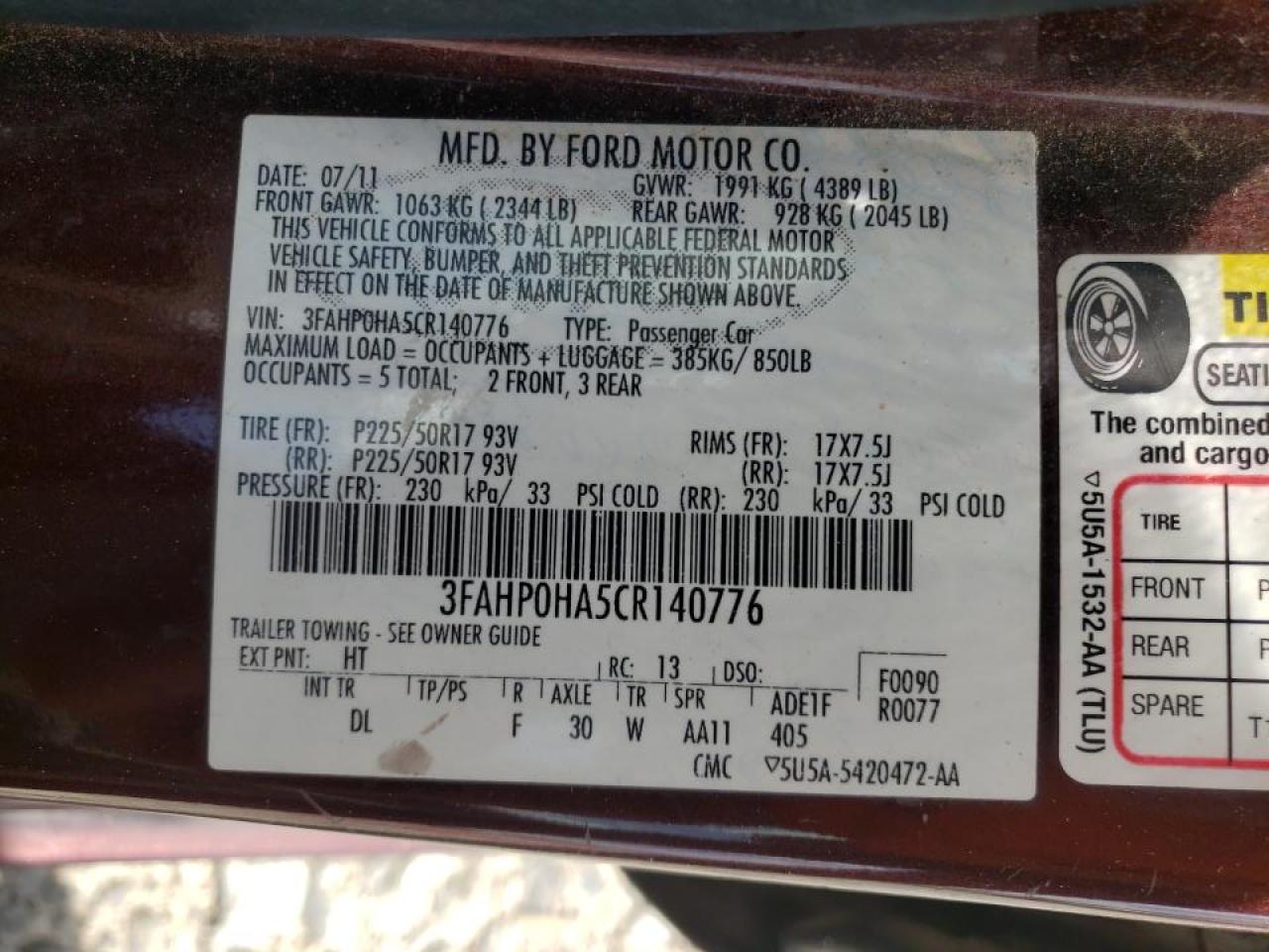 Photo 10 from auction – 2012 FORD FUSION SE with VIN 3FAHP0HA5CR140776