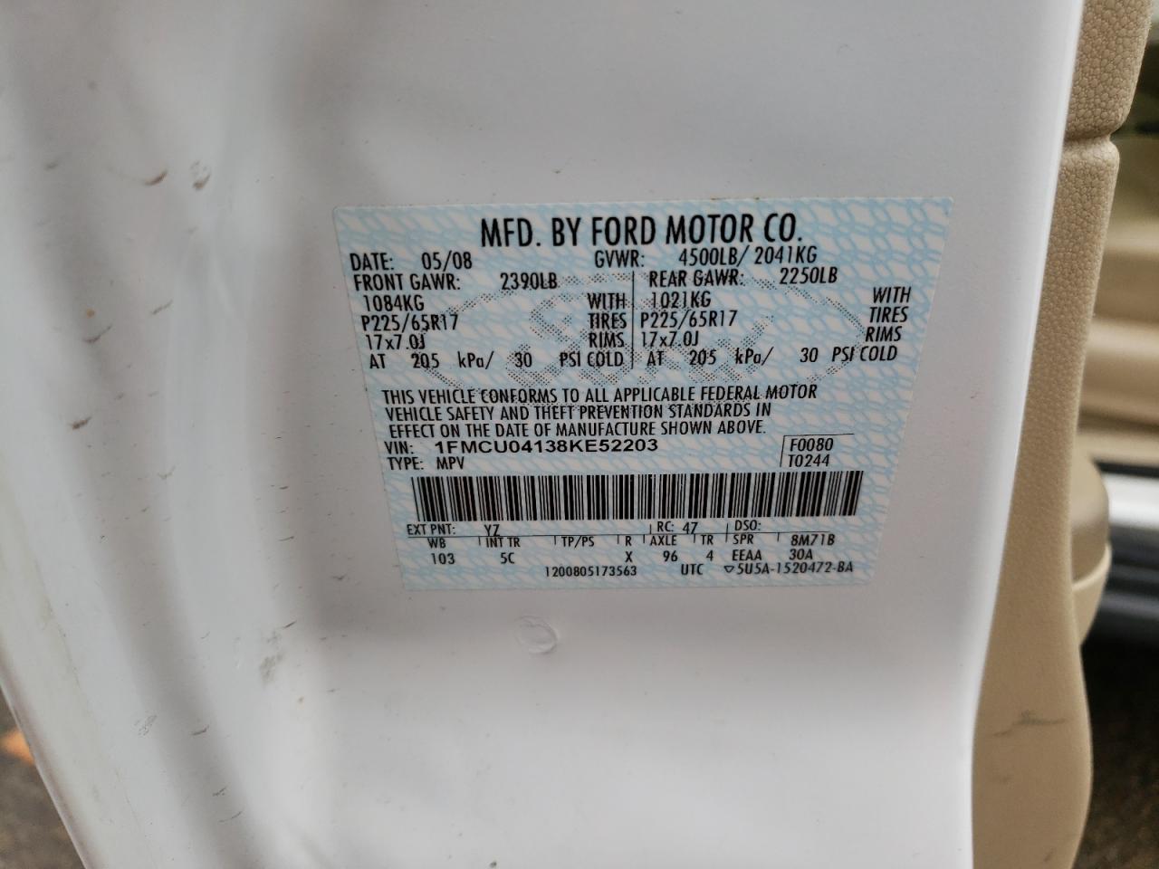 Zdjęcie 10 z aukcji – 2008 FORD ESCAPE LIM z VIN 1FMCU04138KE52203