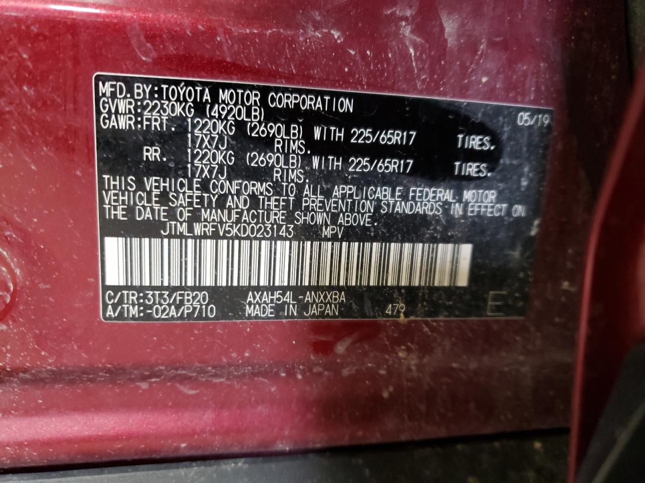 Photo 10 from auction – 2019 TOYOTA RAV4 LE with VIN JTMLWRFV5KD023143