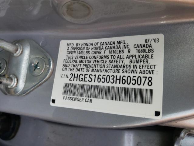 HONDA CIVIC LX 2003 with VIN 2HGES16503H605078 - Photo from auction