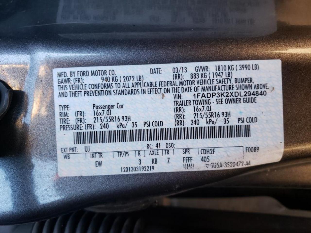 Photo 10 from auction – 2013 FORD FOCUS SE with VIN 1FADP3K2XDL294840