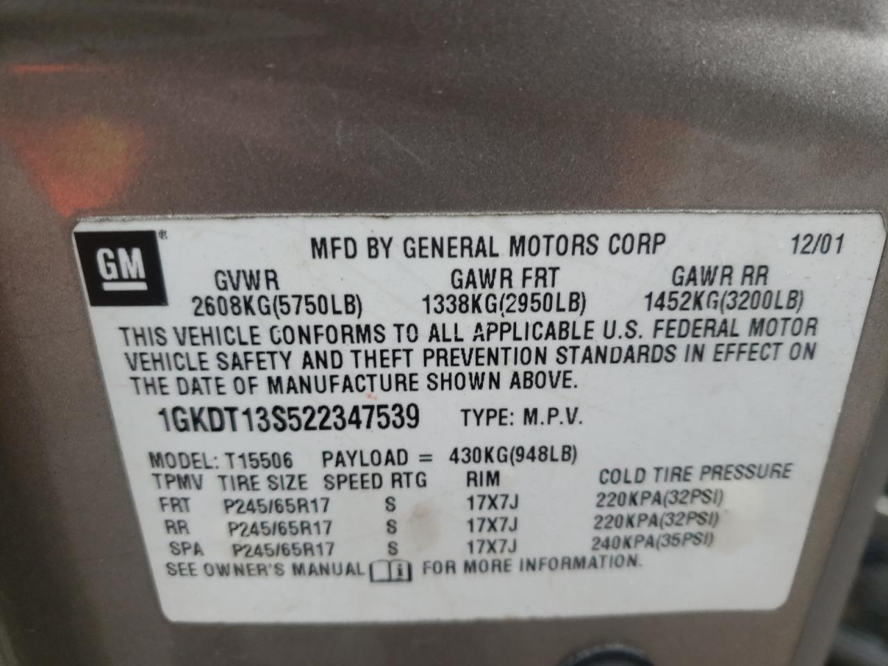 Photo 10 from auction – 2002 GMC ENVOY with VIN 1GKDT13S522347539