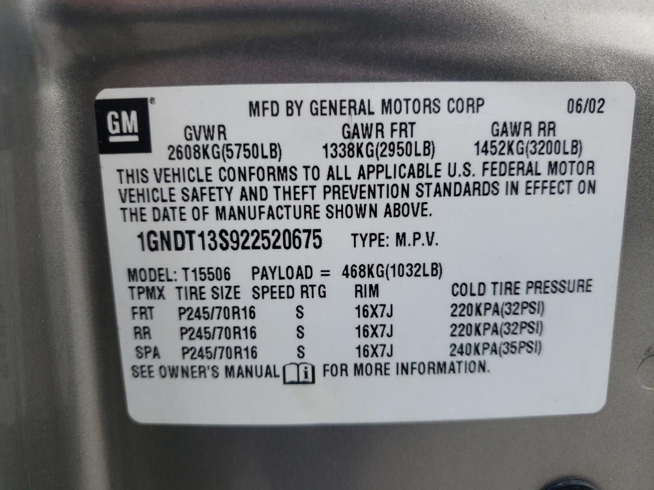 Photo 10 from auction – 2002 CHEVROLET TRAILBLAZE with VIN 1GNDT13S922520675