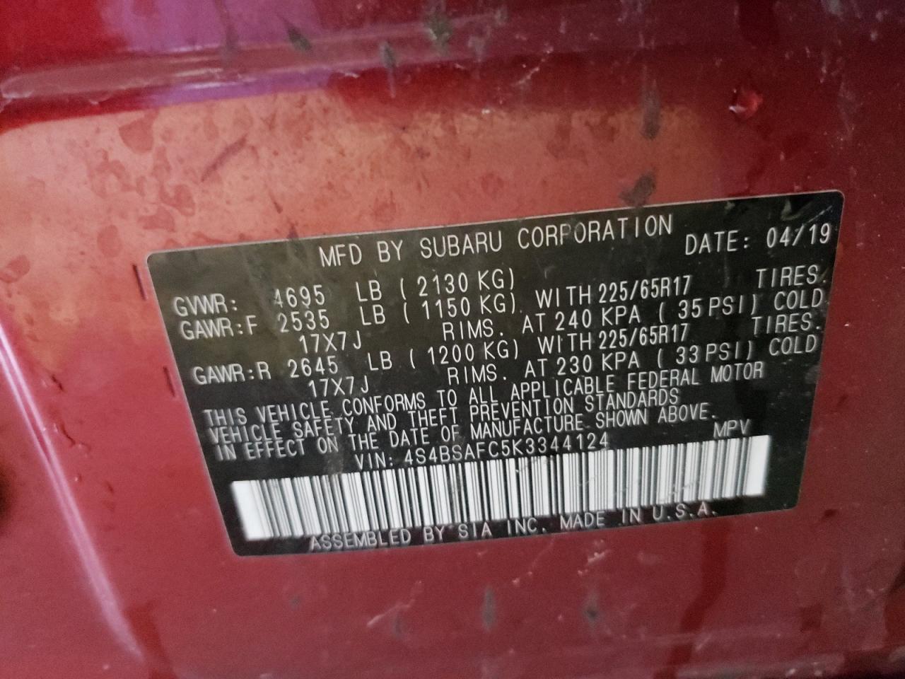Photo 10 from auction – 2019 SUBARU OUTBACK 2. with VIN 4S4BSAFC5K3344124