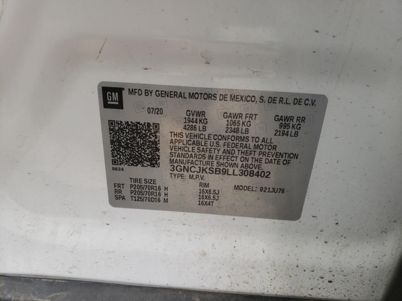 Photo 10 from auction – 2020 CHEVROLET TRAX LS with VIN 3GNCJKSB9LL308402