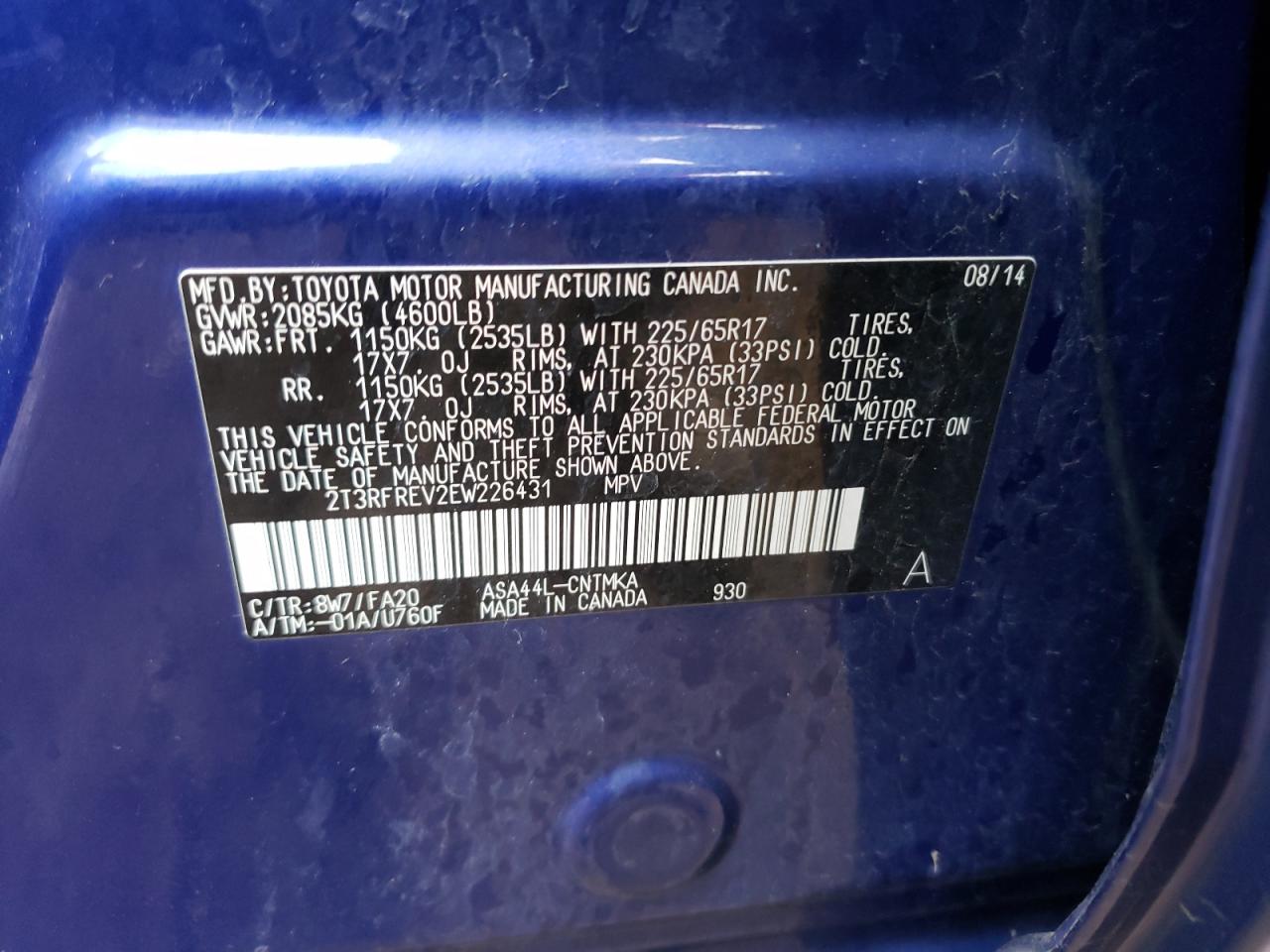 Photo 10 from auction – 2014 TOYOTA RAV4 XLE with VIN 2T3RFREV2EW226431