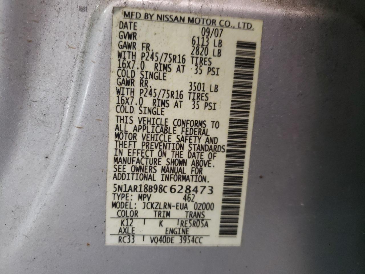 Photo 10 from auction – 2008 NISSAN PATHFINDER with VIN 5N1AR18B98C628473