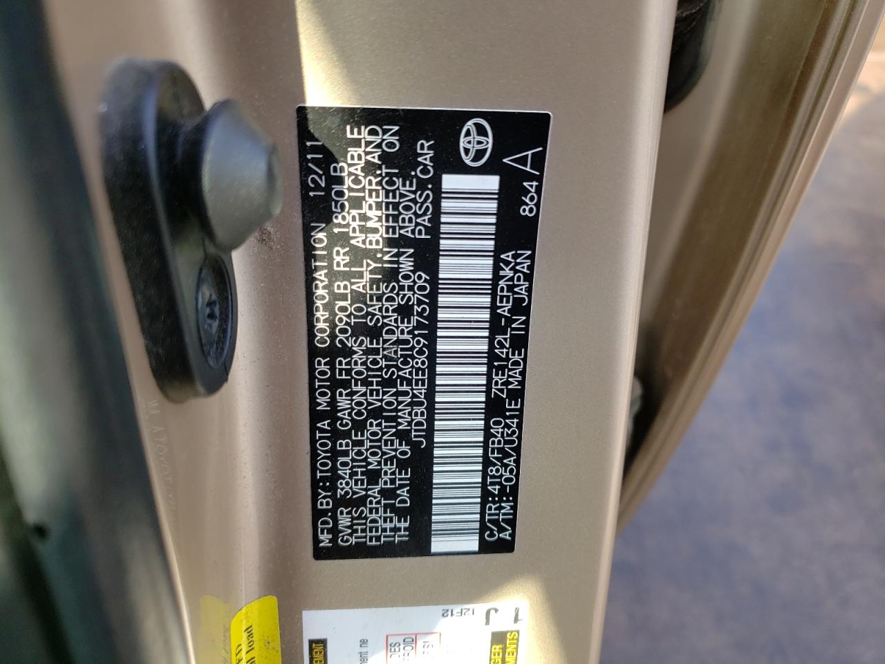 Photo 10 from auction – 2012 TOYOTA COROLLA BA with VIN JTDBU4EE8C9173709